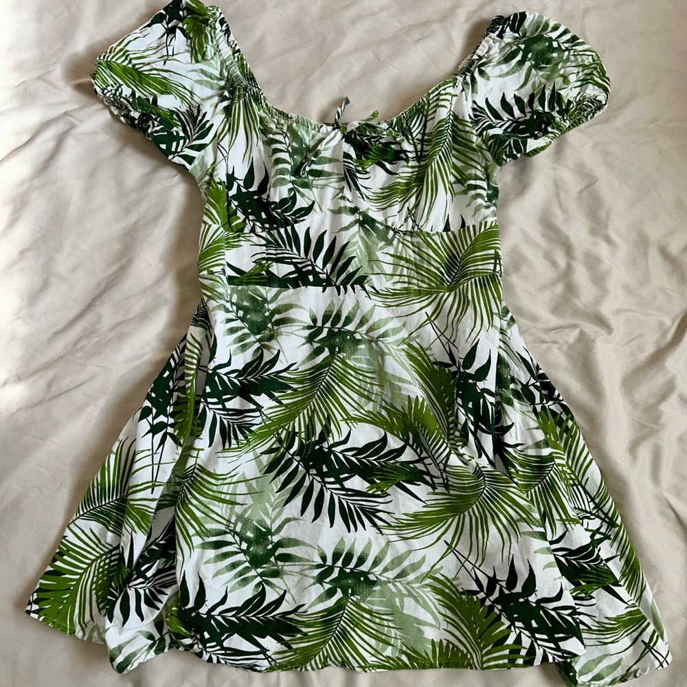 Boho Botanical Leaves Fit & Flare Bubble Sleeve Dress